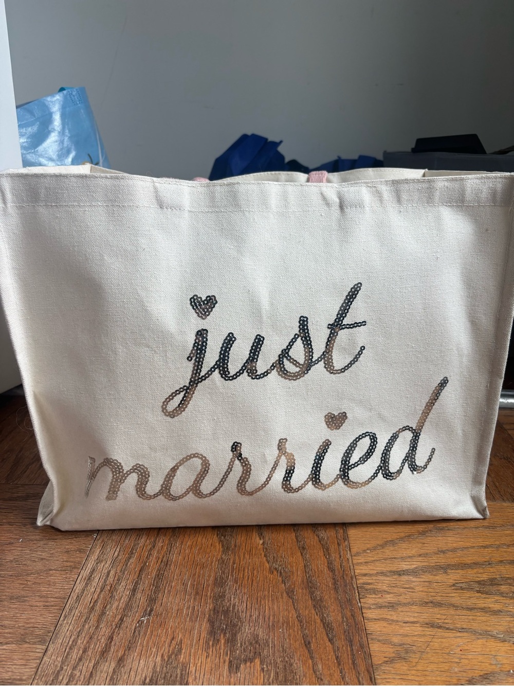 Just Married Canvas Tote Bag with Sequin Script